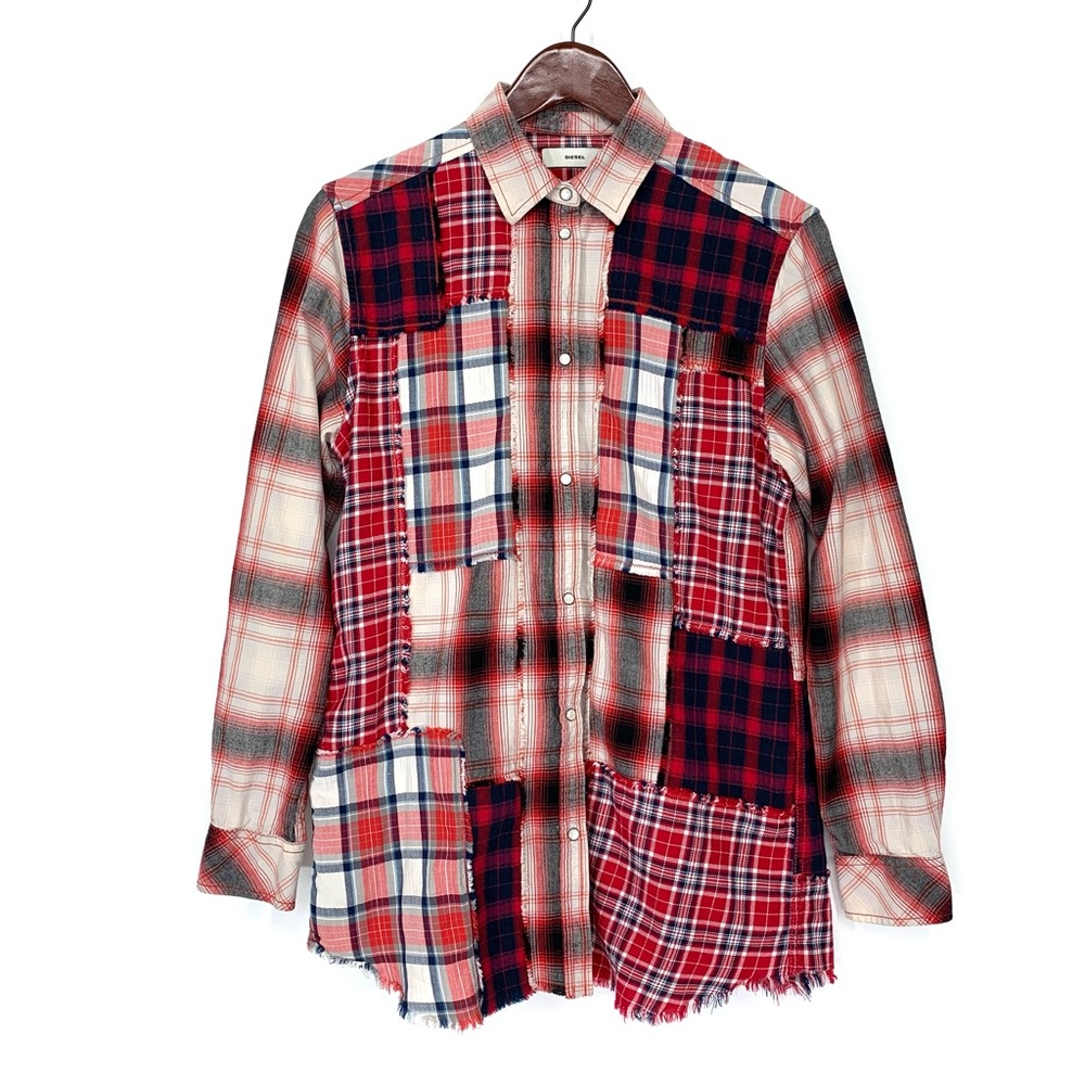 Diesel Pearl Snap Patchwork Plaid 100% Cotton Button Down Red Long Sleeve Shirt